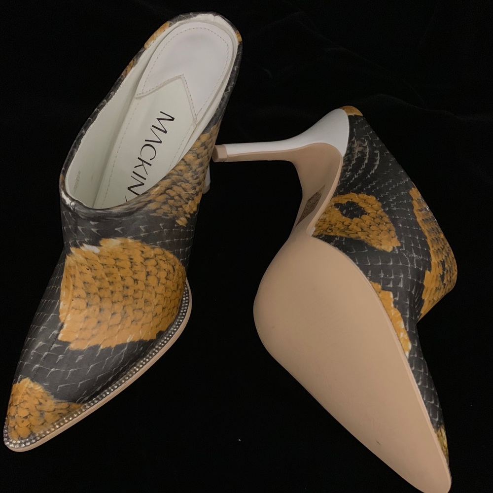 One of a kind HYDROGRAPHIC snake skin heeled mules